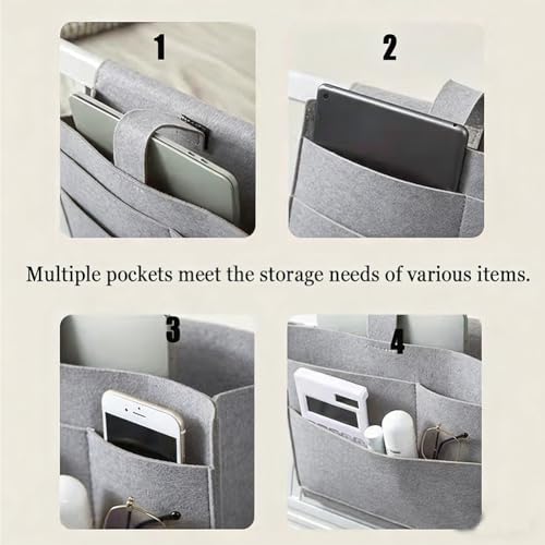 Felt Bedside Caddy, Large Bed Storage Organizer Hanging Bag Holder with Cord Slit,Magazine Book Phone and Remote Caddy for Bed Home Dorm Sofa,Bedside Pouch - color: Gray