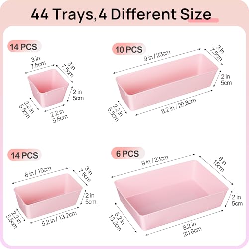 Vtopmart 44 PCS Plastic Drawer Organizers Set, 4-Size Versatile Bathroom and Vanity Organizer Trays, Non-Slip Storage Containers for Makeup, Jewelries, Bedroom，Kitchen Utensils and Office, Pink - color: Pink