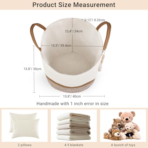 Mkono Woven Storage Basket Decorative Natural Rope Basket Wooden Bead Decoration for Blankets,Toys,Clothes,Shoes,Plant Organizer Bin with Handles Living Room Home Decor, 16"W×13.8"L, White and Brown - color: White and Brown, size: 16" W × 13.8"L