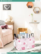 FANKANG Storage Bins, Nursery Hamper Canvas Laundry Basket Foldable with Waterproof PE Coating Large Storage Baskets for Kids Boys and Girls, Office, Bedroom, Clothes,Toys(Rec-Pink roses ） - color: Rec-Pink roses