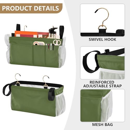 YETTASBIN Olive Green Bedside Caddy Hanging Storage Organizer Bag with 2 Straps & Hooks for Bunk Beds, College Dorm, Hospital Bed - Holder for Books, Phone, Magazine, Glasses, Keys