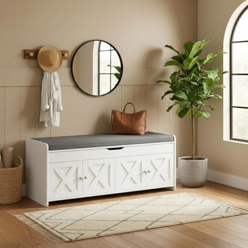 Pipishell Shoe Storage Bench, 2-Tier with Cushioned Seat, Entryway Bench with Adjustable Shelf & Barn Doors, 300 lbs Capacity, 47.2" x 15" x 18", for Entryway, Bedroom, Living Room, White - color: White, size: 4 doors- 47.2" W x 15" D x 18" H