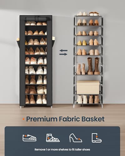 SONGMICS HOME Shoe Rack 10-Tier, Tall Narrow Metal Shoe Organizer with Dust Cover, 11.2 x 19.1 x 63.2 Inches, Vertical Storage Cabinet for Closet Entryway, Black - color: Black, size: 10 Tiers (19.1"W)