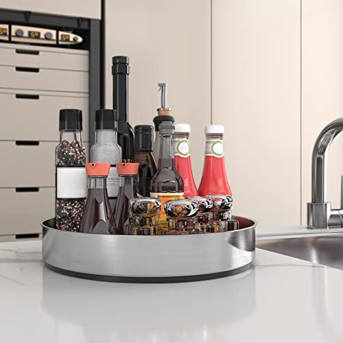 VAEHOLD Pantry Cabinet Lazy Susan Stainless Steel Black Spice Rack Turntable - Decorative Trays Storage Containers Organizer for Kitchen Cabinet, Snacks, Bathroom (10 inches) - color: Silver, size: 9 4/5''