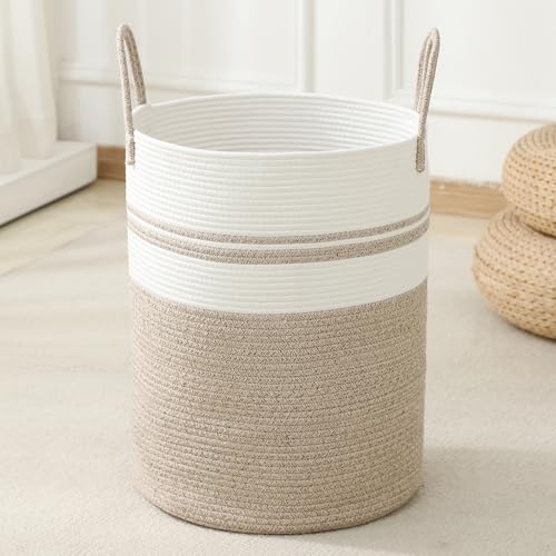 Laundry Basket Hamper Tall Rope Storage Woven for Blanket toys Dirty Clothes in Living Room Bathroom Bedroom (Brown&White, 100L/26.4Gal) - color: Brown&White, size: 100L/26.4Gal