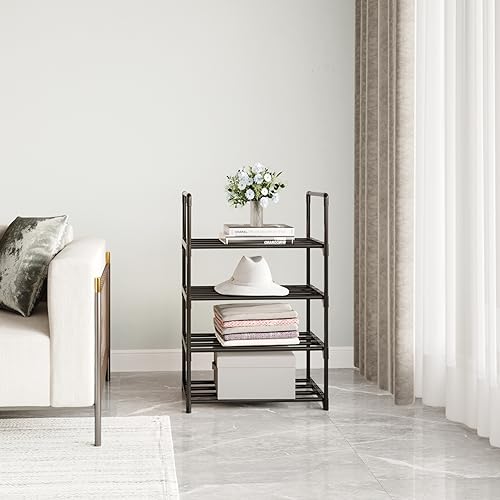 Metal Stackable Small Shoe Rack Organizer, Narrow Shoe Racks for Closets Entryway, Shoe Stand,Shoe Shelf with Handle(4-Tier-Black) - size: 4-Tier-Black