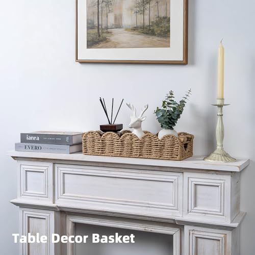 CubesLand Bathroom Basket Organizer w/Cut Out Handle, Back of Toilet Paper Storage Baskets Tray for Bathroom Countertop Decorative, Scalloped Wicker Basket Also for Home Decor, Living Room, Neutral - color: Neutral
