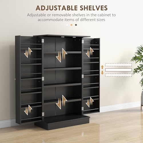 HOMCOM 41" Kitchen Pantry Storage Cabinet, Freestanding Kitchen Cabinet with 12 Door Shelves, Double Doors, 5-Tier Shelving and Adjustable Shelves, Black - color: Black, size: 41"H
