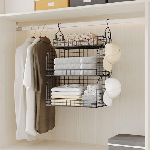 HapiRm Hanging Closet Organizer Storage - 3 Tier Metal Stackable Hanging Closet Shelves with Dividers and S Hooks, Foldable Clothes Shelves for Clothes, Pants, Shoes, Coat, Hats Clutches Accessories - color: Black, size: 3-Tier