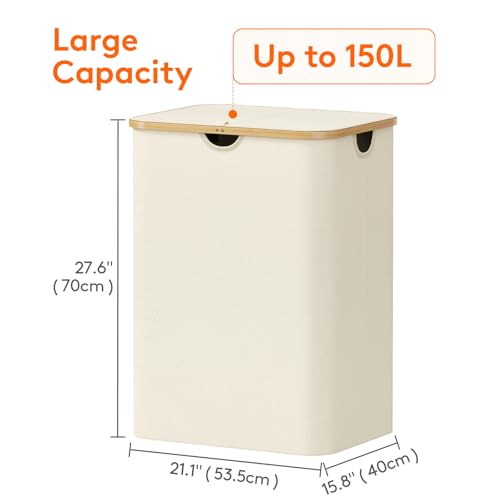 Lifewit 150L Laundry Basket with Lid, Clothes Hampers for Laundry with Bamboo Handles and 2 Removable Bag, Large Foldable Laundry Hamper for Bedroom, Bathroom, Dorm, Laundry Room, White - color: White, size: 150L