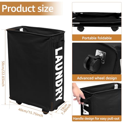 23inch Slim Laundry Basket 44L Rolling Laundry Hamper on Wheels -Collapsible Clothes Hamper with Handle -Freestanding Laundry Bin Narrow Laundry Bag Yoga Mat Storage Racks