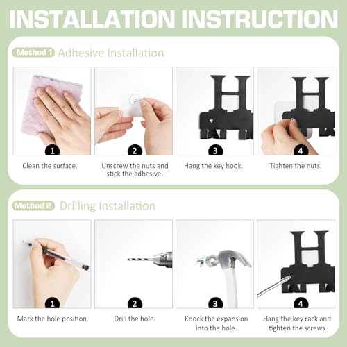 Key Holder Wall Mount, Adhesive Metal Key Hanger with 6 Double Hooks, 2 Installation Methods, Black - style: 12 Hooks