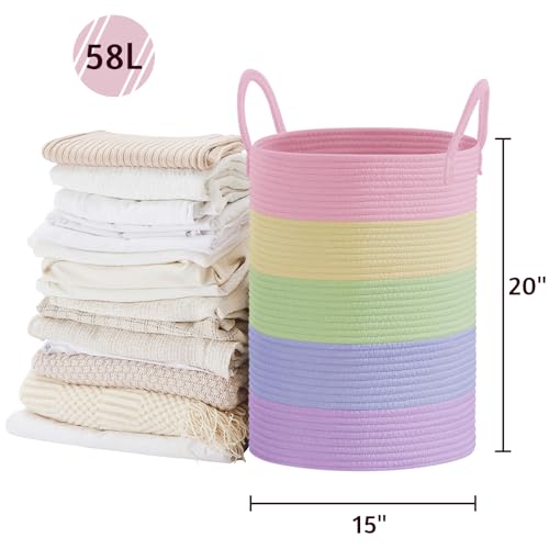 VIPOSCO Large Laundry Hamper, Tall Woven Rope Storage Basket for Blanket, Toys, Dirty Clothes in Living Room, Bathroom, Bedroom - 58L Rainbow - color: Rainbow, size: 58L