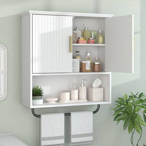 Bathroom Wall Cabinet with Towel Bar, 2 Doors & Adjustable Shelves - Space Saving Wood Wall Mounted Medicine Cabinet Storage Organizer for Bathroom, Laundry, Kitchen, Living Room (White) - color: White, size: 7.87"D x 23.6"W x 26.6"H