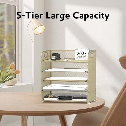 Supeasy 5 Trays Paper Organizer Letter Tray with Handle-Mesh Desk File Organizer,Pink Paper Sorter Desk Organizer for Office, Home or School (Gold Yellow) - color: Gold Yello