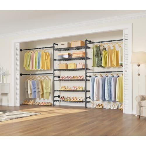 Timate S3X PLUS Closet System, Expandable Wall Mounted Closet with 6 Adjustable Shelves & 4 Expandable Hanger Rods, Industrial Pipe Clothing Rack for Hanging Clothes, Fits Spaces 6'11"- 9'10", Black - color: Black, size: S3X PLUS