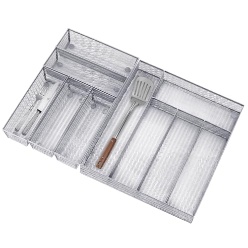 Neudeco Drawer Organizer Set 6 Pack - 5-Compartment Silverware Organizer Tray + 5 Utensil Trays, Kitchen Drawer Organizer for Flatware, Cutlery, Office Supplies, Silver Mesh, Non-Slip - color: Silver-6L pack