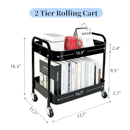 2 Tier Rolling Cart with Wheels for Under Desk Storage & Pantry Room, Large Capacity Laundry Room & Makeup Organizer, Sturdy Kitchen Utility Cart for Small Space with 4 Hooks, Black - color: Black