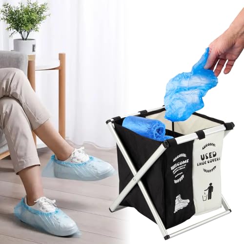 Foldable Disposable Shoe Cover Box Dispenser, Thickened Oxford Fabric Storage Bin Holder with Welcome Please Cover Your Shoes and Used Shoe Covers Sign for Open House Supplies(Black, White)