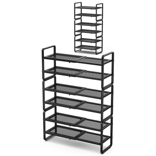 SNTD Shoe Rack - Expandable Shoe Organizer for Closet, Adjustable Metal Shoe Shelf Storage, Stackable Long Shoe Stand Holder for Garage, Entryway, Door Entrance (Black, 6-Tier) - color: Black, size: 6-Tier