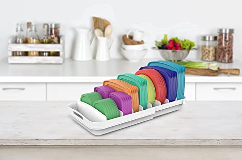 EVERIE Expandable Food Container Lid Organizer for Cabinet, Fits 12-Inch Deep or Deeper Cabinets , Adjustable 13.4" to 20.5", 10 Adjustable Dividers for lids , Drawer, Pantry and Kitchen Storage