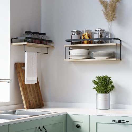 RICHER HOUSE 2+1 Tier Wall Mounted Floating Shelves Set of 2, Rustic Wood Wall Shelf with Metal Frame, Extra Storage Rack for Bathroom, Kitchen, Bedroom with Tissue Rack & Towel Bar - Rustic Wood - color: Rustic Wood, size: 2+1 Tier Size