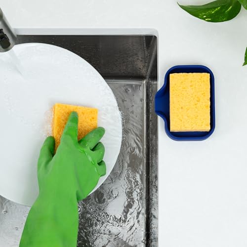 Zulay Kitchen Small Silicone Sponge Holder (4.9x3.3”) – Space-Saving Sink Organizer Tray for Sponge, Soap, Brush & More – Compact Non-Slip Dish for Kitchen & Bathroom (Dark Blue) - color: Dark Blue, size: Small (4.9x3.3)