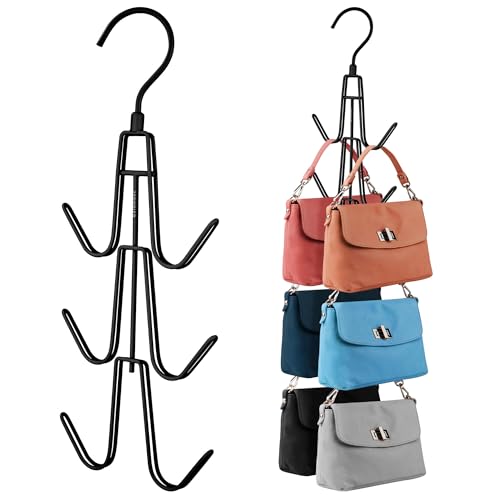 ZEDODIER Purse Organizer for Closet, Heavy-Duty Hanging Purse Hanger Closet Holds Up to 6 Purses, Metal Rotating Space Saving Bag Holder Handbag Storage Hook Backpack Rack, Black - color: Black, size: 1 Pack