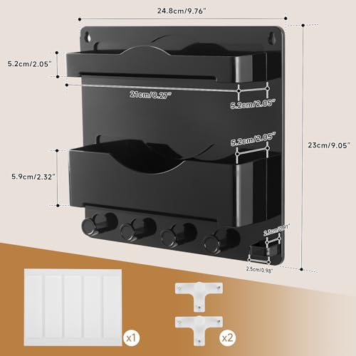 Bedside Wall Shelf with Glasses Hooks ，Adhesive Bedside Organizer Wall Mount for Dorm and Room Accessories Phone，Remote，Earphone， Kindle (Black) - color: Black