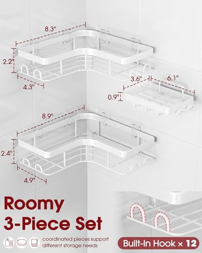 Sakugi Corner Shower Caddy - 3-Pack Shower Organizer with Soap Holder & Built-In Hooks, Rustproof Metal Shower Shelves, Laundry, Kitchen, Bathroom Organizers and Storage Solution, Large, White - color: White, size: Large - 3 Packs
