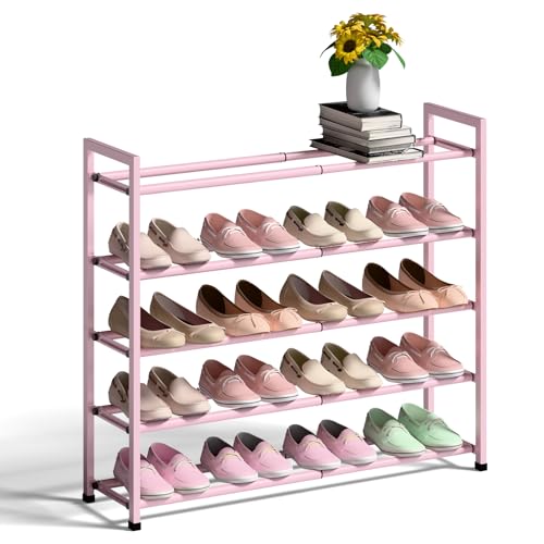 Bumusty 5-Tier Expandable Shoe Rack for Closet, 18“-33” Adjustable Shoe Rack for Small Space, Small Shoe Organizer for Front Door, Sturdy Metal (Pink) - color: Pink, size: 5-Tier