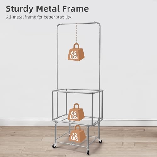 STORAGE MANIAC Rolling Laundry Cart with Hanging Bar & Storage Shelf, 110L Heavy Duty Large Laundry Basket with Clothes Hanging Rod, Study Clothes Hamper with Lockable Wheels, Beige