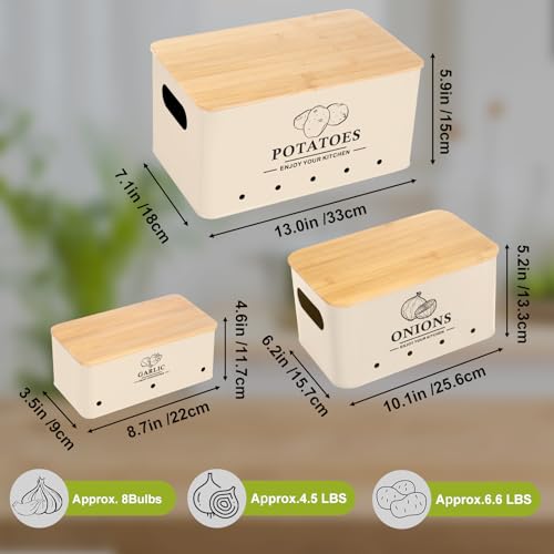 Kitchen Vegetable Storage Set of 3, Metal Onion Garlic Potato Storage Set, Kitchen Canisters Vegetable Keeper Containers with Aerating Holes and Wooden Lid (Beige) - color: Beige