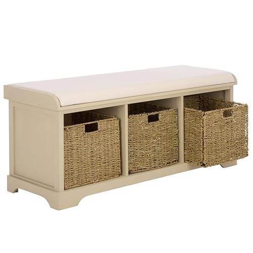 SAFAVIEH Home Collection – Lonan Sand Storage Bench with Seat Cushion, 3 Basket Drawers, Coastal Farmhouse Entryway Design (AMH5733G) - color: Sand