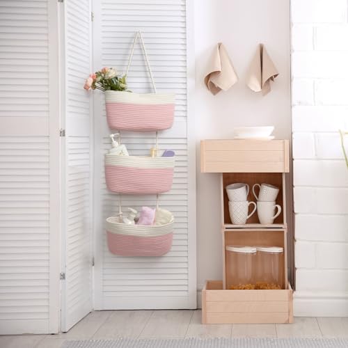 TeoKJ Over the Door Hanging Basket, 3-Tier Woven Cotton Wall-Mounted Storage Organizer Bag Decorative Hanging Nursery Baskets, Pink & White - color: Pink & White