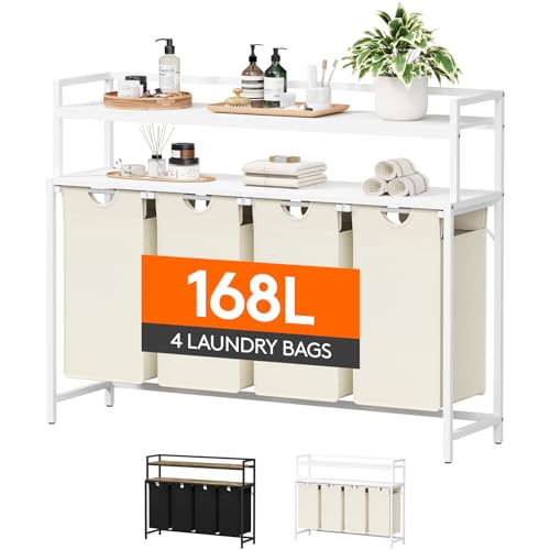 Lifewit Laundry Hamper 4 Section, 168L Pull out Laundry Clothes Basket Organizer with Large Top Shelf and 4 Removable Bags and Handles for Laundry Room Bedroom Bathroom, White with Shelves - color: White, style: Laundry hamper with shelves