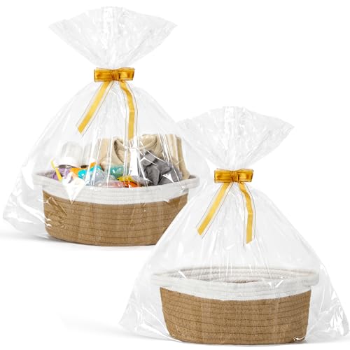 2 Pack Small Woven Basket with Gift Bags and Ribbons, Empty Decorative Gift Chest Box, Cute Baby Gift Basket for Nursery, Cotton Rope Room Shelf Storage Basket wi Handles, All 12"x 8"x 5",Yellow - color: Yellow