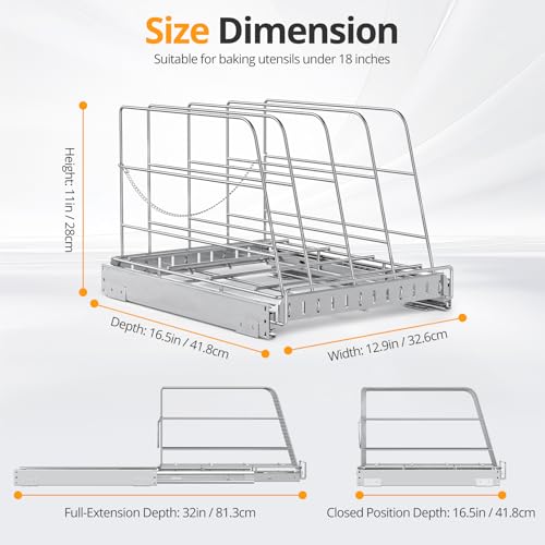 Pull Out Cabinet Organizer for Cutting Board, Cookie Sheet, Baking Sheet, Stainless Steel Sliding Rack for Bakeware & Trays, Heavy-Duty Cutting Board Organizer (12.9” x 16.5” (32.6 x 41.8 cm)) - style: 12.9”W x 16.5”D (32.6 x 41.8 cm)