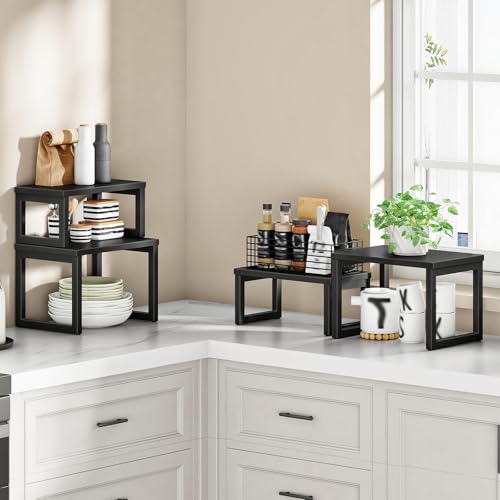 HOOBRO Cabinet Organizer Shelf, Set of 4 Kitchen Counter Shelves, Expandable Kitchen Storage, Stackable Spice Rack, for Kitchen, Countertop, Office Desk, Living Room, Black BK20TLP201 - color: Black