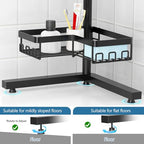 KEGII Standing Shower Caddy Corner, 3 Tier Adjustable Shelves Rustproof Floor Shower Organizer with 18 Hooks and Adjustable Feet, Bathroom Corner Shelf Rack, Black