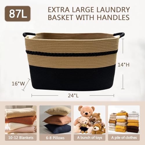 Extra large laundry basket woven from natural cotton rope with handles storage blankets for living rome big decorative quilted baskets for clothes toys pillows hamper 24"x16"x14" black - color: Black, size: 87L 24"x16"x14"