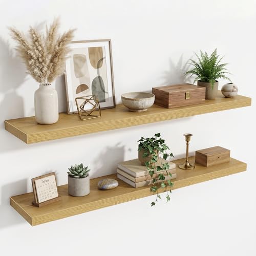Acovy Floating Shelves for Wall,48 Inch Wall Mounted Rustic Wood Shelves,9.3" Deep Wall Shelf with Invisible Brackets,Large Deep Floating Shelf for Bathroom,Bedroom,Living Room,Book/Storage/Decor,Oak - color: Oak, size: 48 Inch,Set of 2