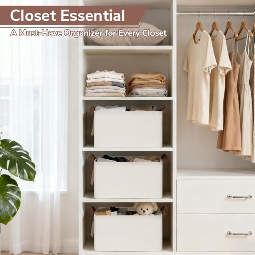 CHICVITA 4 Pack Storage Baskets for Shelves, Collapsible Fabric Closet Baskets for Organizing, Shelf Bins with Metal Frame, Clothes Towel Organizer for Closet, 14.8" x 10.3" x 8.3", Beige - color: Beige, size: 20L (14.8"L x 10.3"W x 8.3"H)