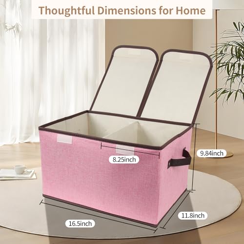 Foldable Fabric Storage Box, 16.5 x 11.8 x 9.8 inches (L x W x H), with Double-Lid & Dividers, Large Organizer for Home, Closet, Office(Pink, 3 Packs) - color: Pink, size: 3 Packs
