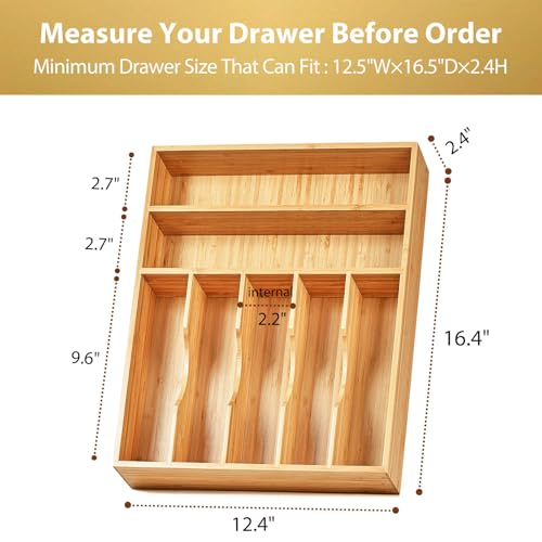 Umilife Kitchen Drawer Organizer, 12.5 Inch Silverware Utensil Tray Holder, Extra Deep, with Non-Slip Feet & Grooved Drawer Divider, 7 Slots Total Bamboo Wood Caddy for Flatware Cutlery Knives - size: 12.5 x 16.5 inch (7 Slots)