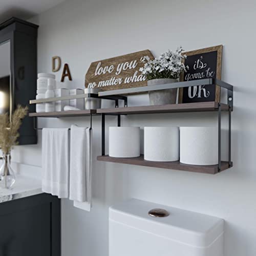 RICHER HOUSE 2+1 Tier Wall Mounted Floating Shelves Set of 2, Rustic Wood Shelf with Metal Frame, Extra Storage Rack for Bathroom, Kitchen, Bedroom with Tissue Rack & Towel Bar - Rustic Brown - color: Rucstic Brown, size: 2+1 Tier Size
