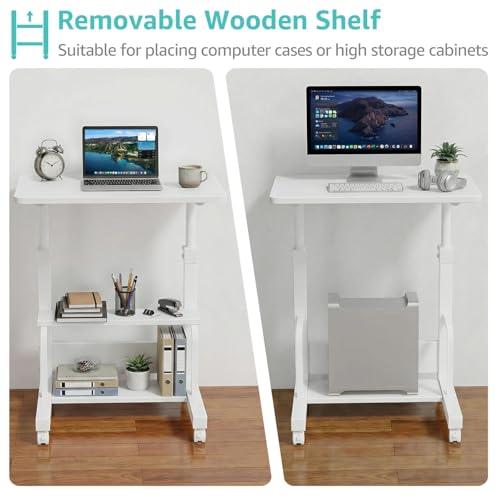 WINAZ Small Bedroom Laptop Rolling Desk - 24" White Mobile Kids Desk with Wheels for Small Spaces, Height Adjustable C Shaped Side Table with 2-Tier Storage Shelves - color: White