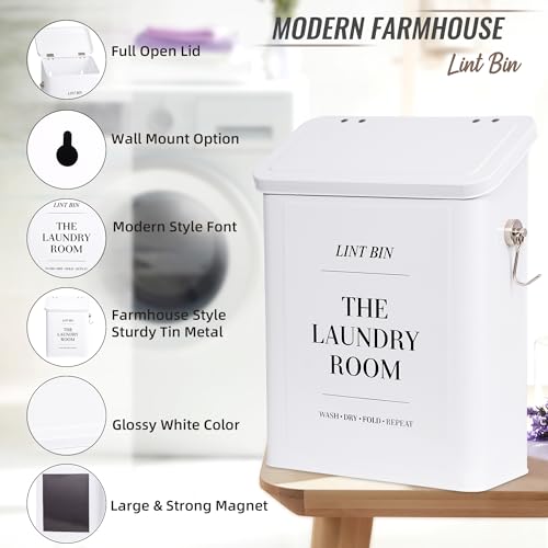 Magnetic Lint Bin for Laundry Room with Lint Brush and Magnetic Hook, Wall Mounted Lint Box with Lid, Farmhouse Laundry Room Decor - color: White, size: Pattern 3