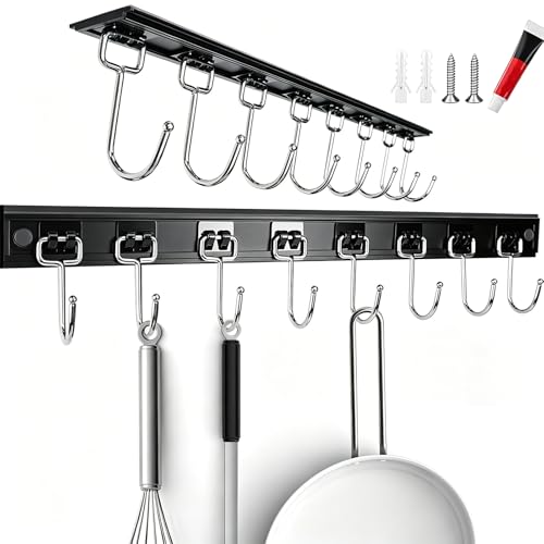 Cociat 2PCS Utensil Racks with 8 Hooks 17 Inch Kitchen Utensil Holders Hanging Utensil Rack Multifunctional (17 inch) - color: BLACK, size: 17 inch & 8 hooks