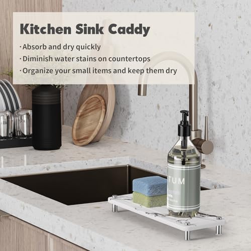 Kitchen Sink Caddy Water Absorbing Stone Tray For Sink, Diatomite Bathroom Countertop Tray Organizer, Faucet Stone Drying Mat Coaster Soap Dish Sponge Dispenser Holder (Marble) - color: Marble